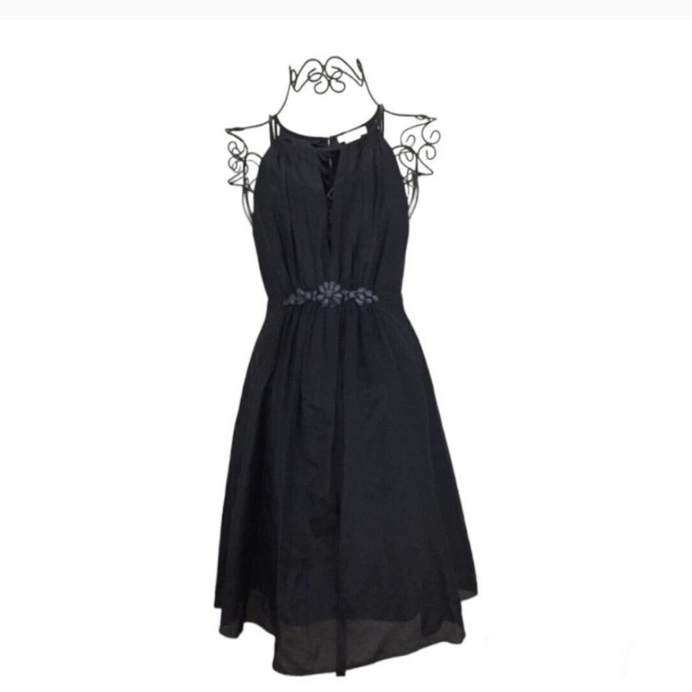 Esley Silk Blend Black Semi-Formal Dress Size M Silver Flower Waist Detail